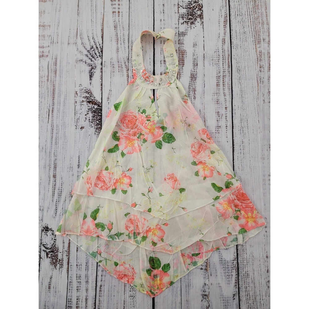 Colors Brand Floral Print Rhinestone Embellished Tiered Hem Halter Blouse Size L